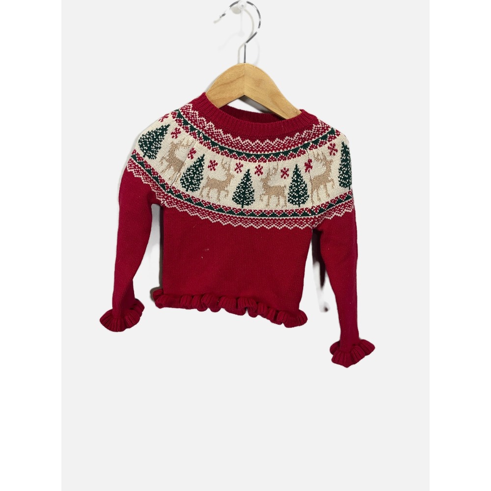 Tahari Sweater Toddler 2T Red Fair Isle Reindeer Ruffle Trim Holiday Christmas